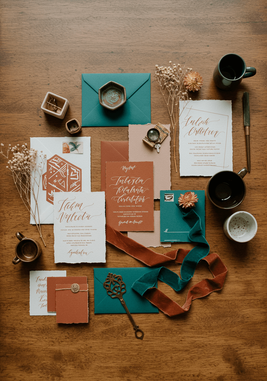 Overhead flat lay of wedding stationery with terracotta and teal colour scheme on wooden table