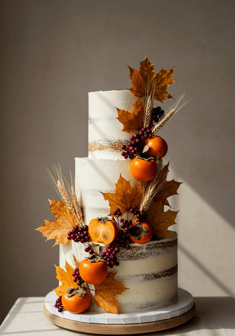Autumn-themed wedding cake with dried leaves, berries, and warm seasonal colors