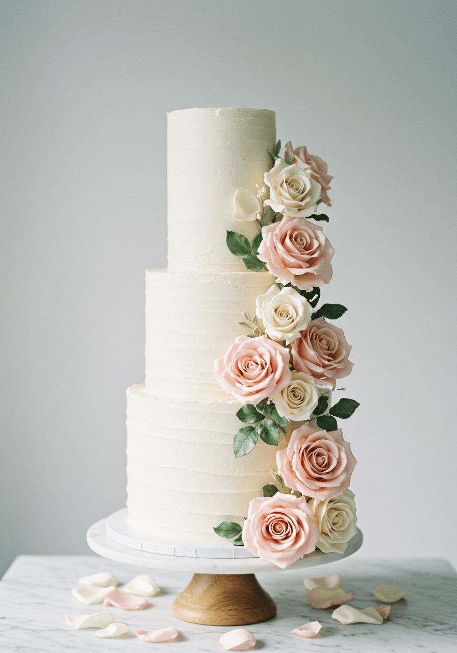 Blush and cream wedding cake featuring abundant English garden roses in romantic clusters