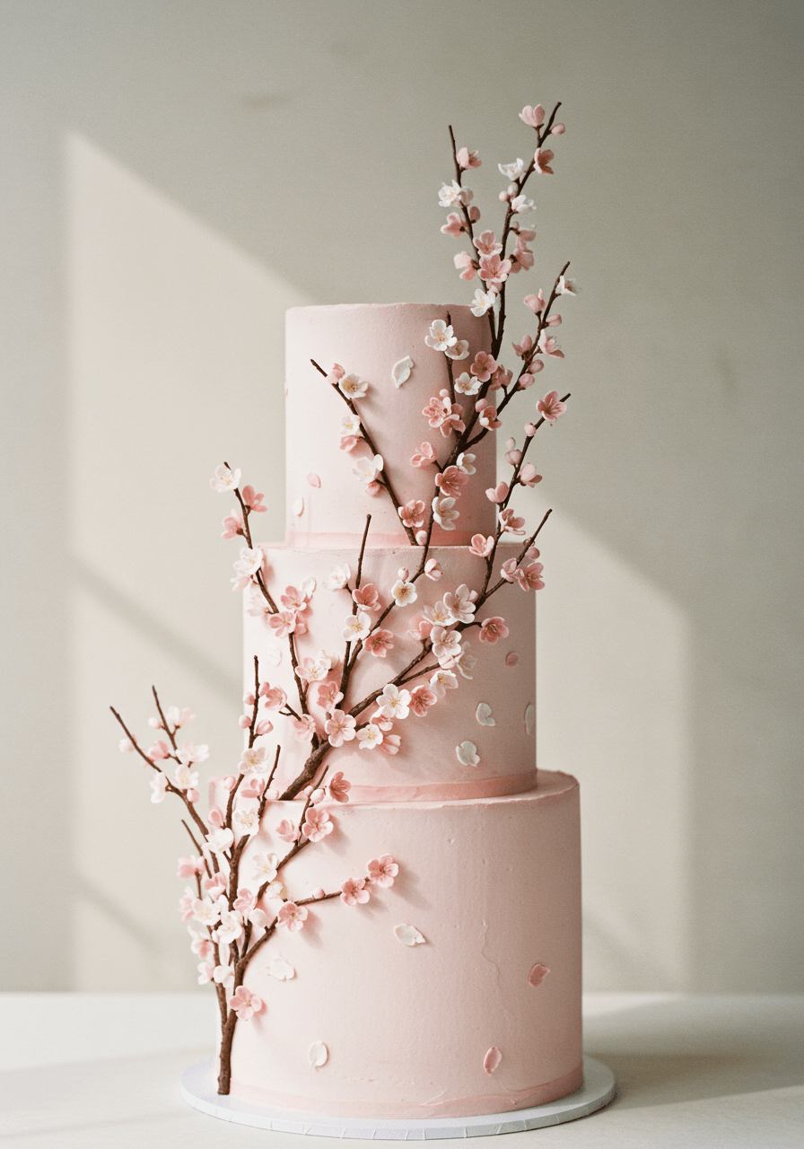 Soft blush pink wedding cake decorated with delicate cherry blossom branches