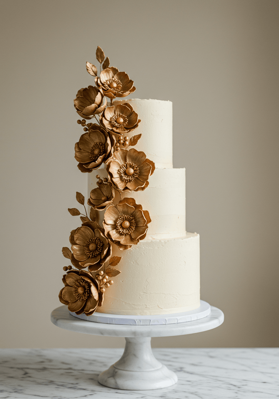 Warm ivory wedding cake decorated with golden-brown anemone flowers
