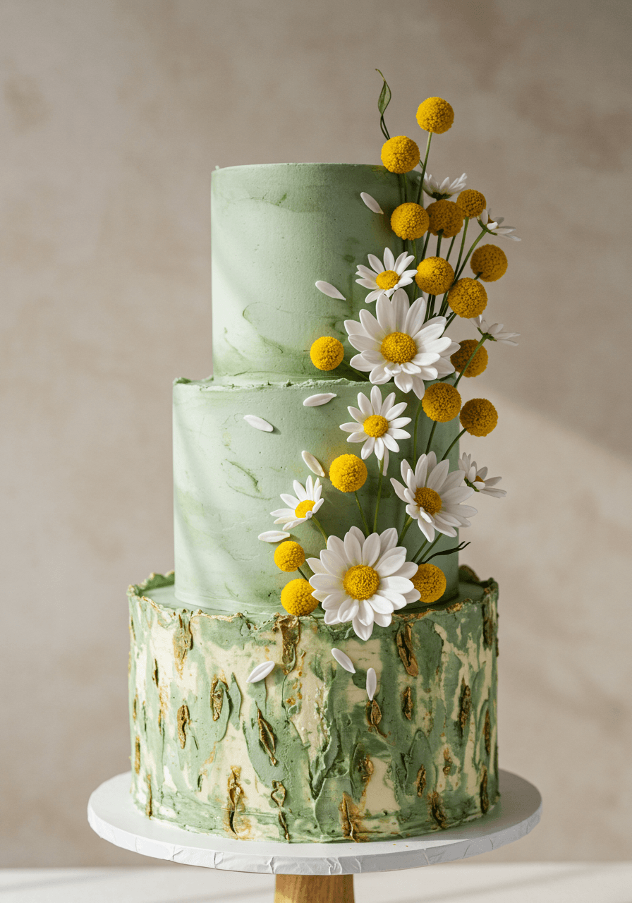 Charming wedding cake decorated with chamomile flowers and yellow billy ball blooms