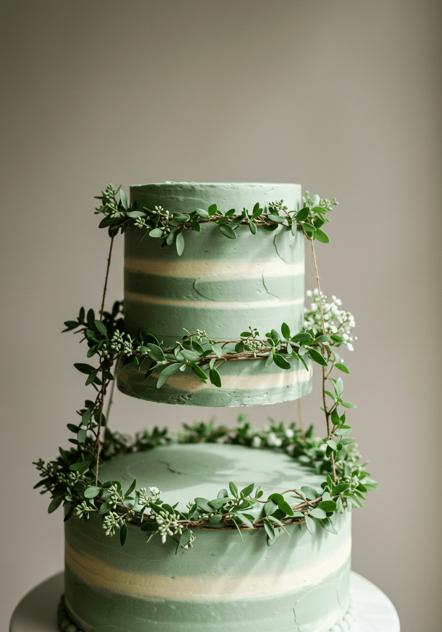 Innovative floating tier wedding cake connected by botanical greenery bridges