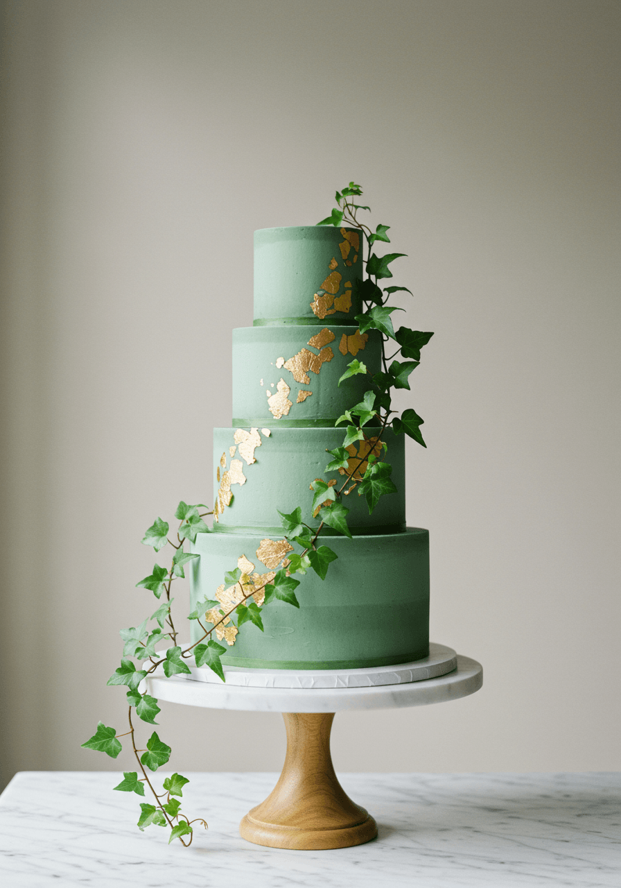 Elegant wedding cake with muted gold leaf accents and trailing ivy botanical details