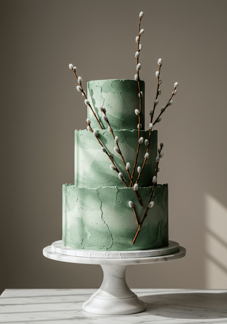 Wedding cake with realistic stone texture decorated with graceful willow branches