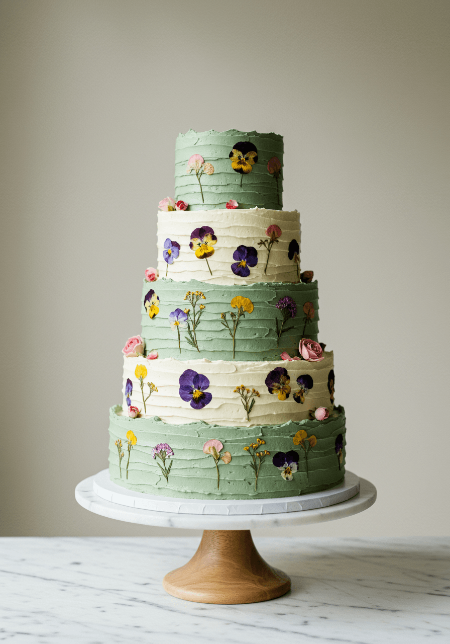 White wedding cake with artistic deckle edges and delicate pressed edible flowers embedded in the surface
