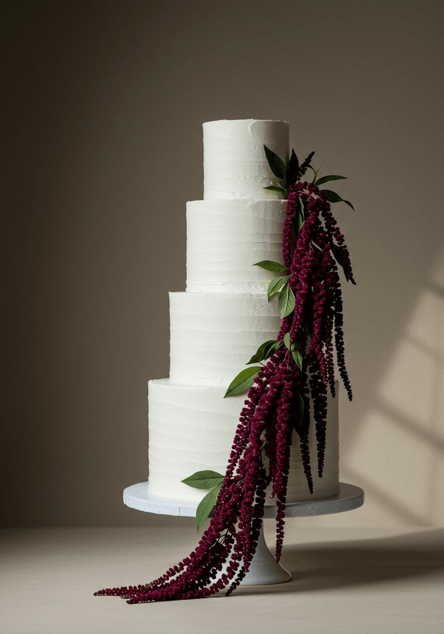 Burgundy wedding cake with dramatic hanging amaranthus creating cascading effect