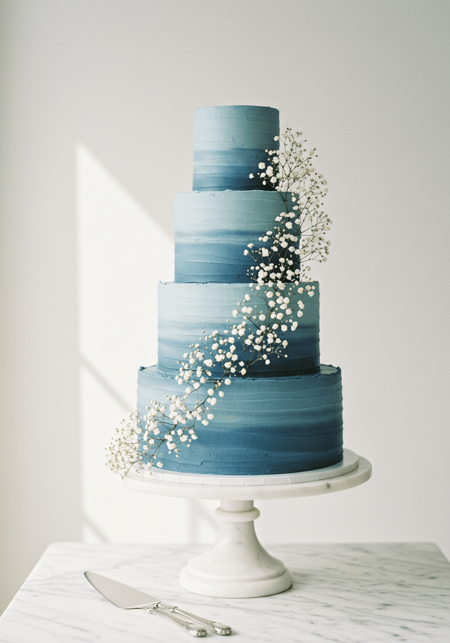 Soft dusty blue wedding cake decorated with delicate clouds of baby's breath flowers