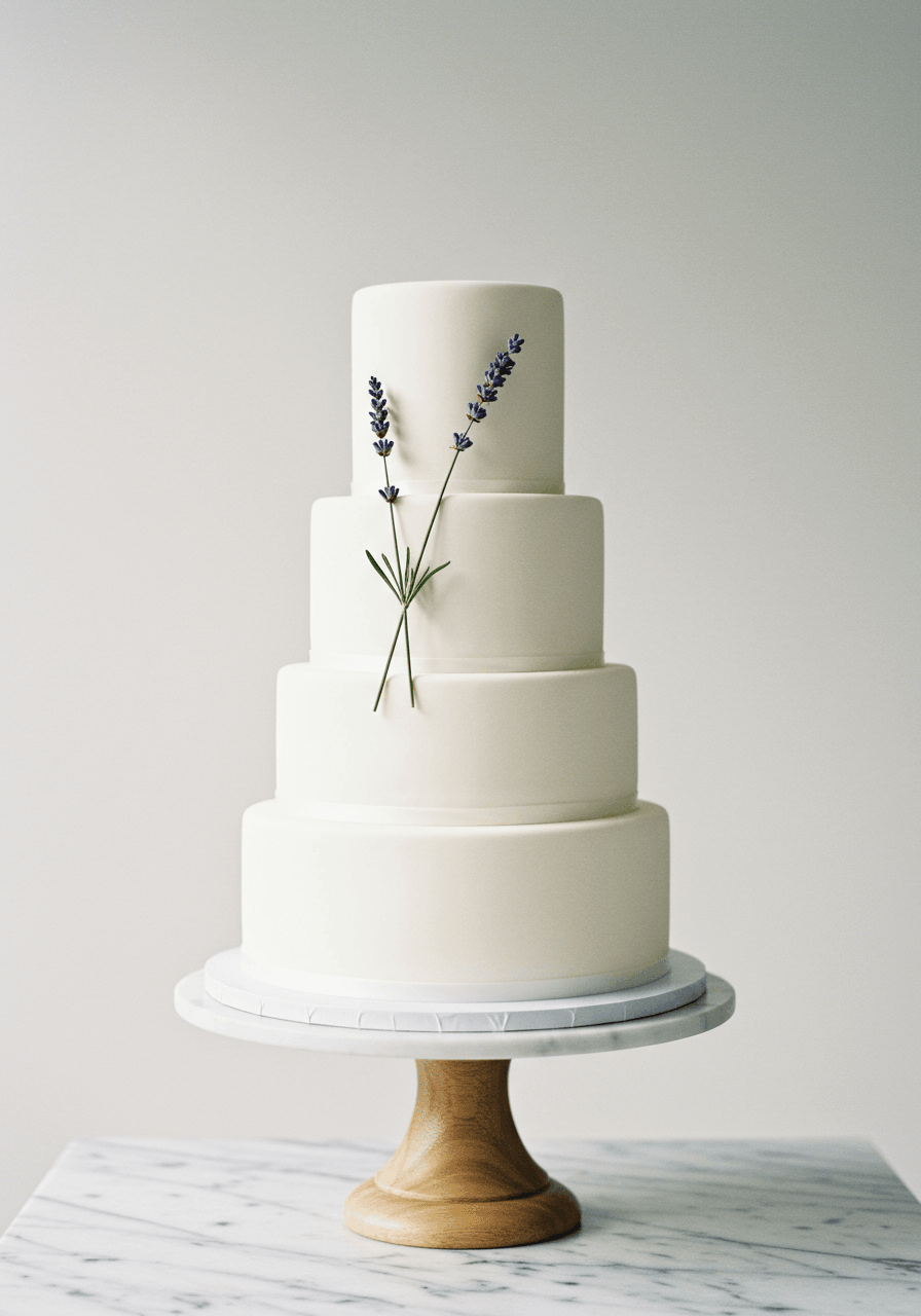 Pristine white fondant wedding cake decorated with a single fresh lavender sprig