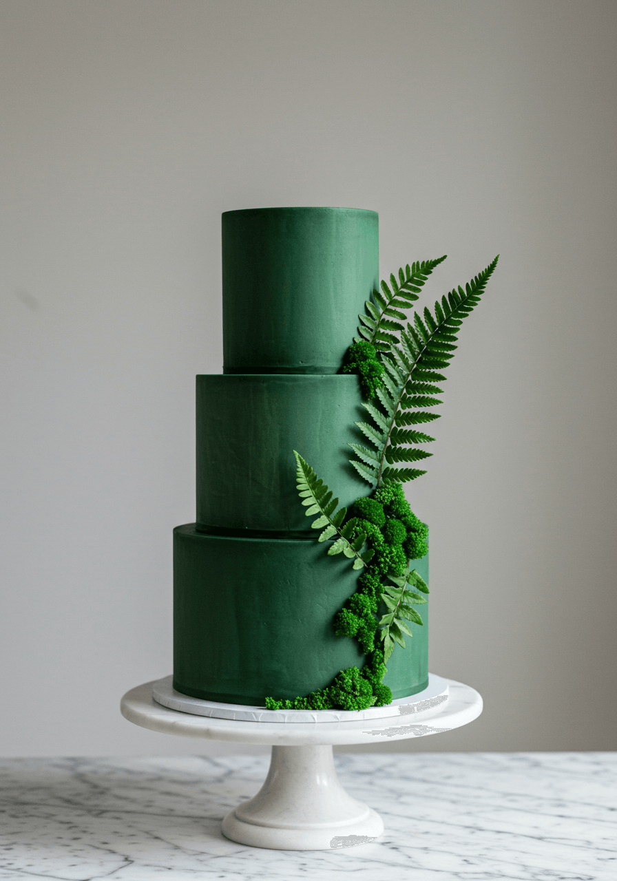 Rich forest green wedding cake with authentic fern fronds and moss texture details