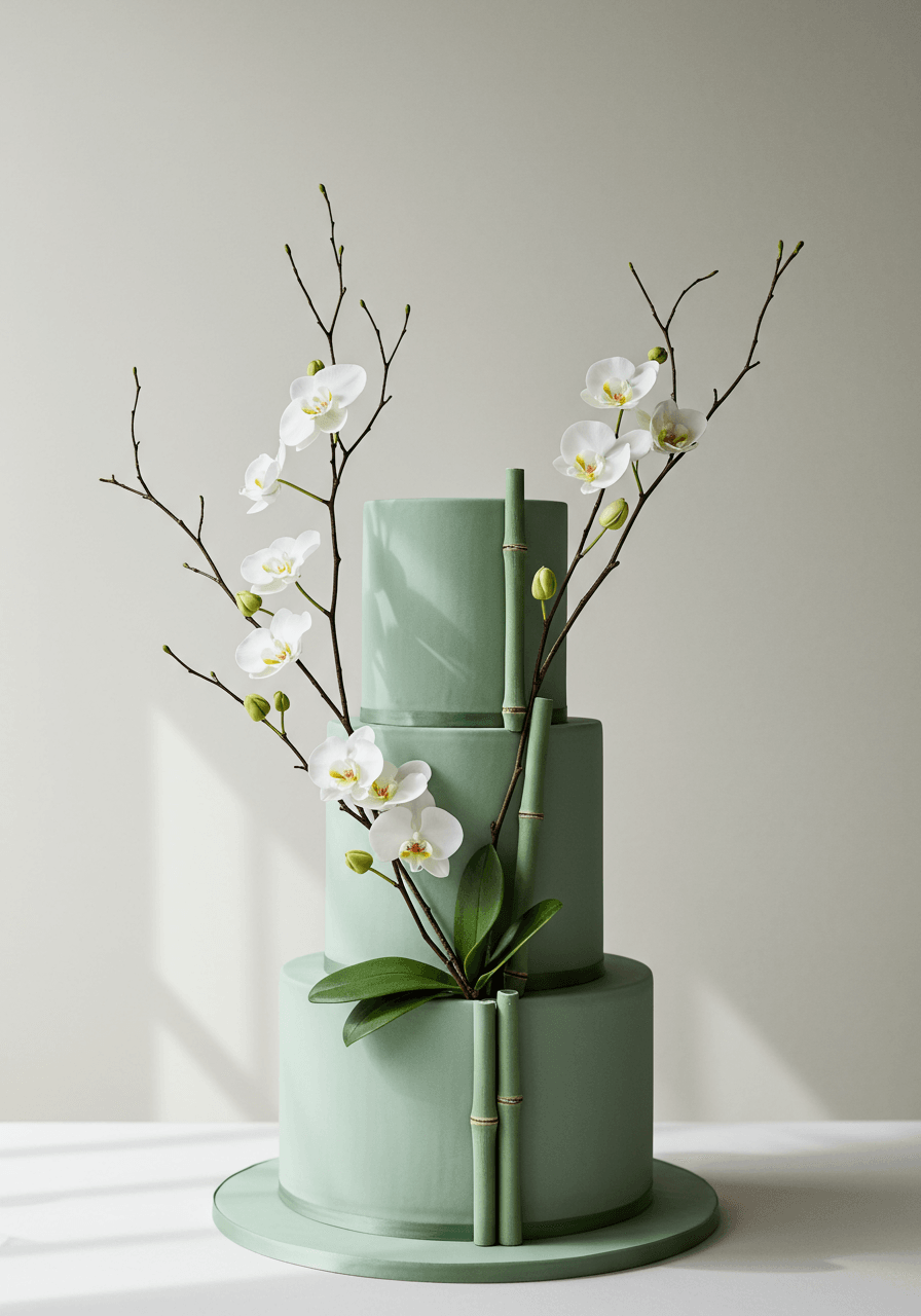 Sage green wedding cake with ikebana-style botanical arrangement featuring minimal elegant design