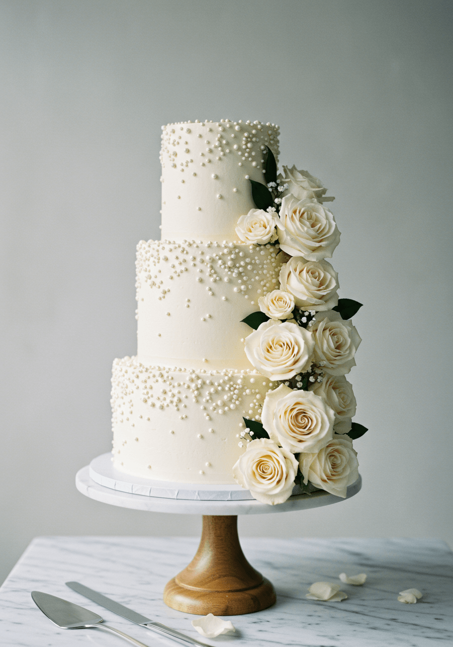Ivory wedding cake with pearl accents and classic white roses in traditional bridal style