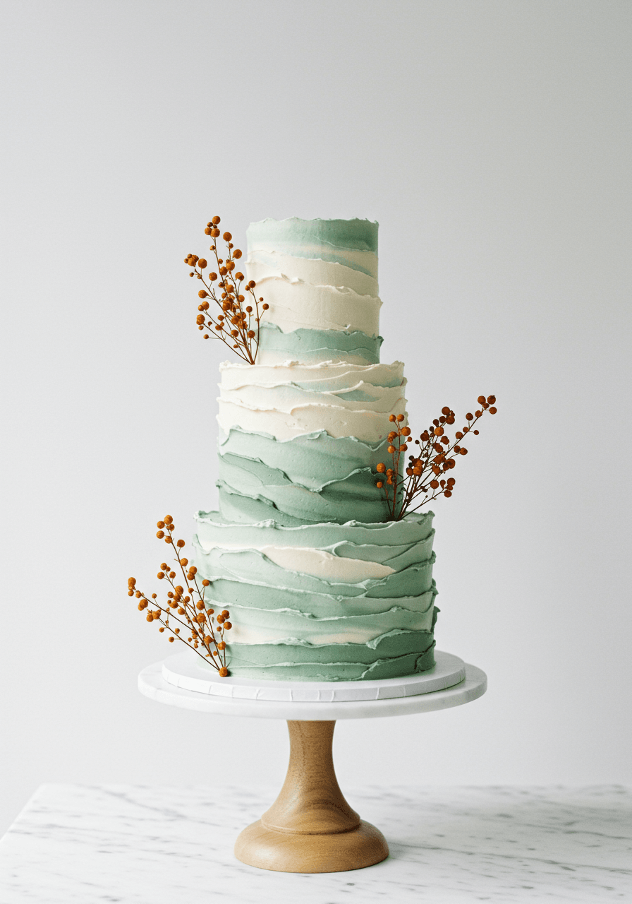 Ivory wedding cake with flowing textured buttercream waves and toasted ruscus foliage accents