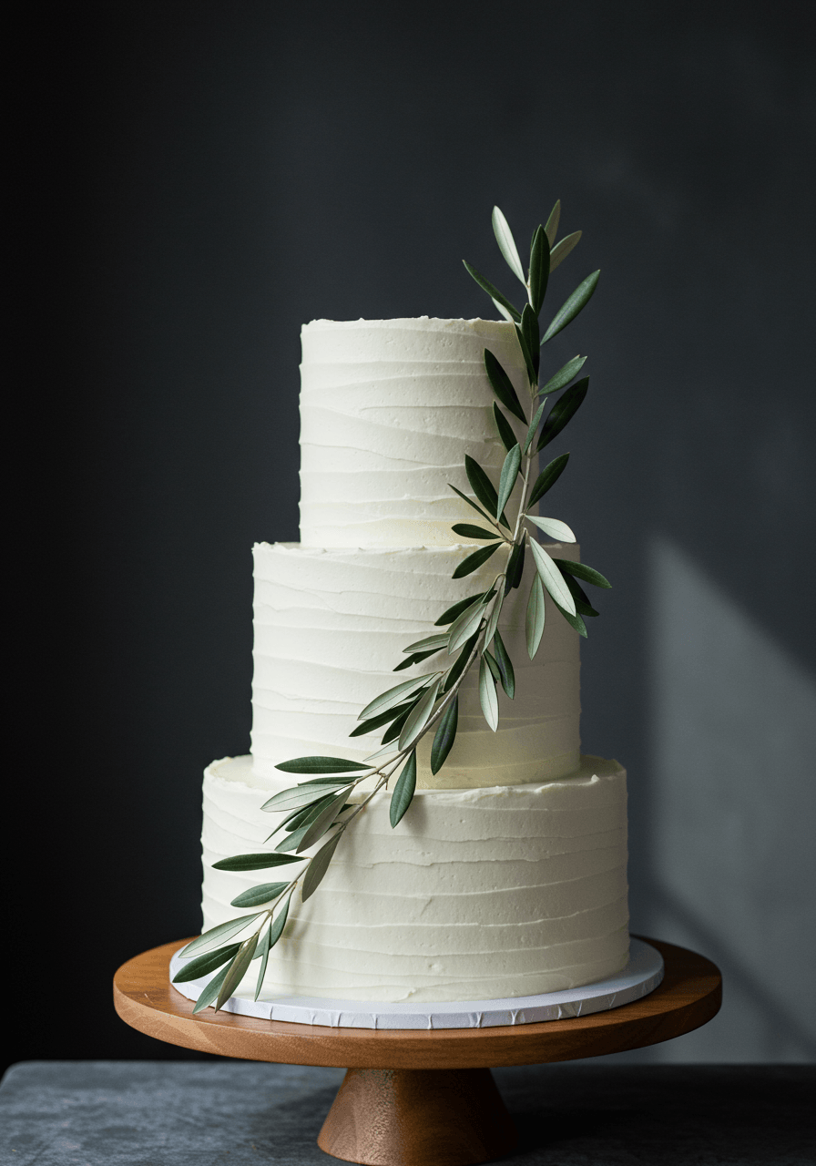 Pristine ivory wedding cake decorated with authentic olive branches and small white flowers
