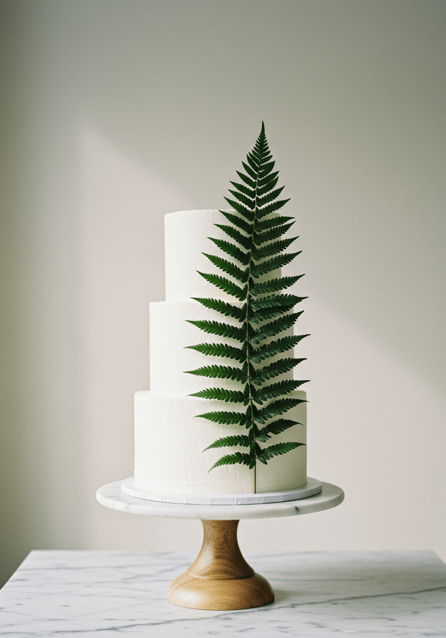 Clean white minimalist wedding cake featuring one large dramatic fern frond as the sole decoration