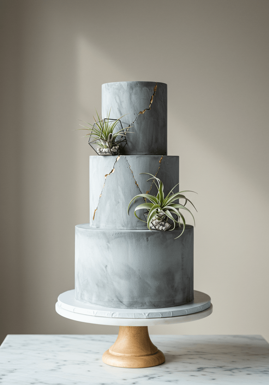 Modern concrete-textured wedding cake decorated with geometric air plant arrangements