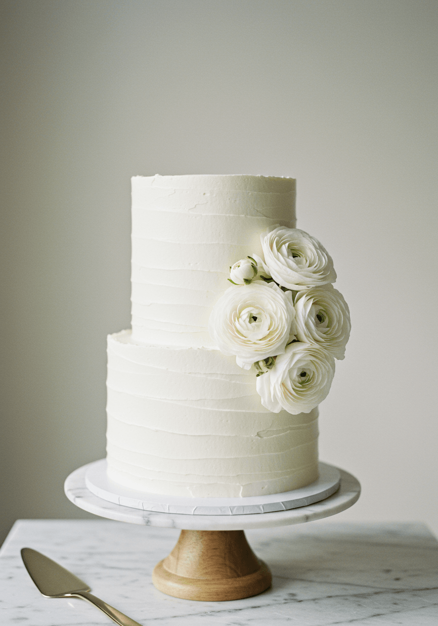Sleek two-tier white wedding cake featuring clusters of realistic white ranunculus flowers