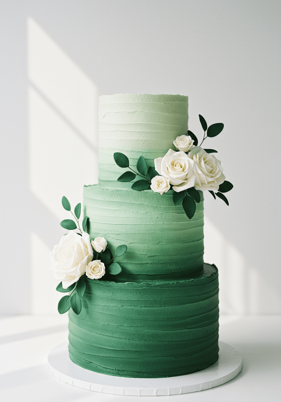 Ombre green wedding cake transitioning from light to dark with white floral accents