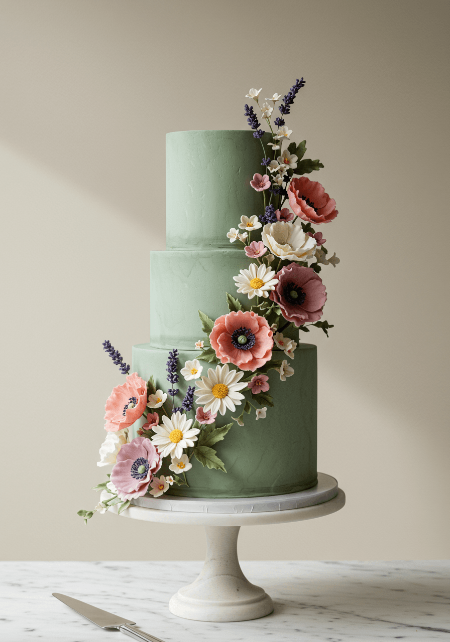 Multi-tier pastel wedding cake covered in cascading wildflowers in soft pink, purple, and white tones