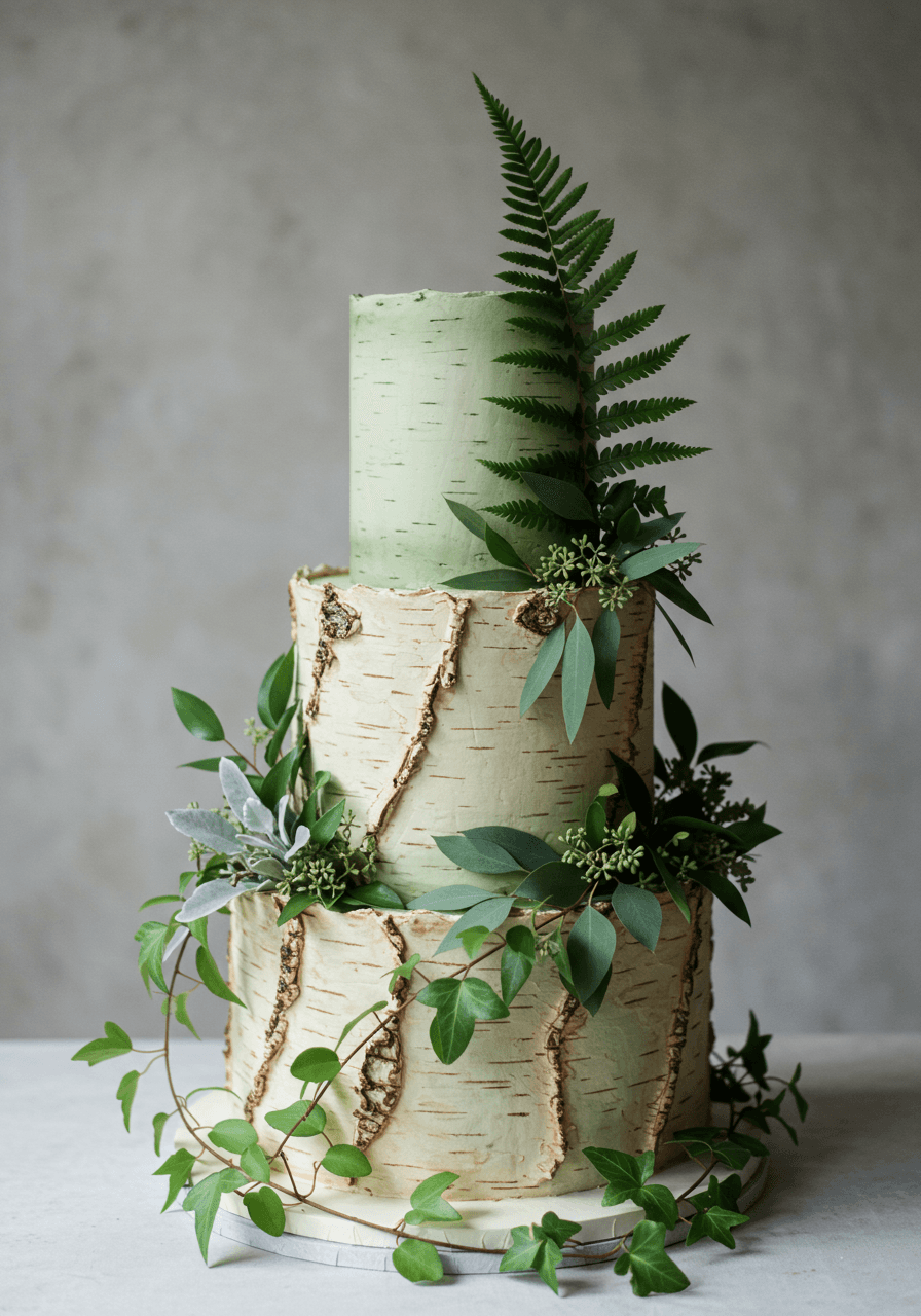 Rustic wedding cake with birch bark texture wrapped in eucalyptus and fern foliage