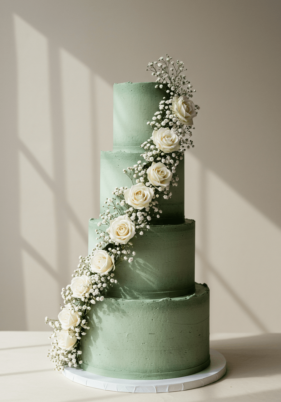 Sage green wedding cake with delicate wreath of baby's breath and wax flowers