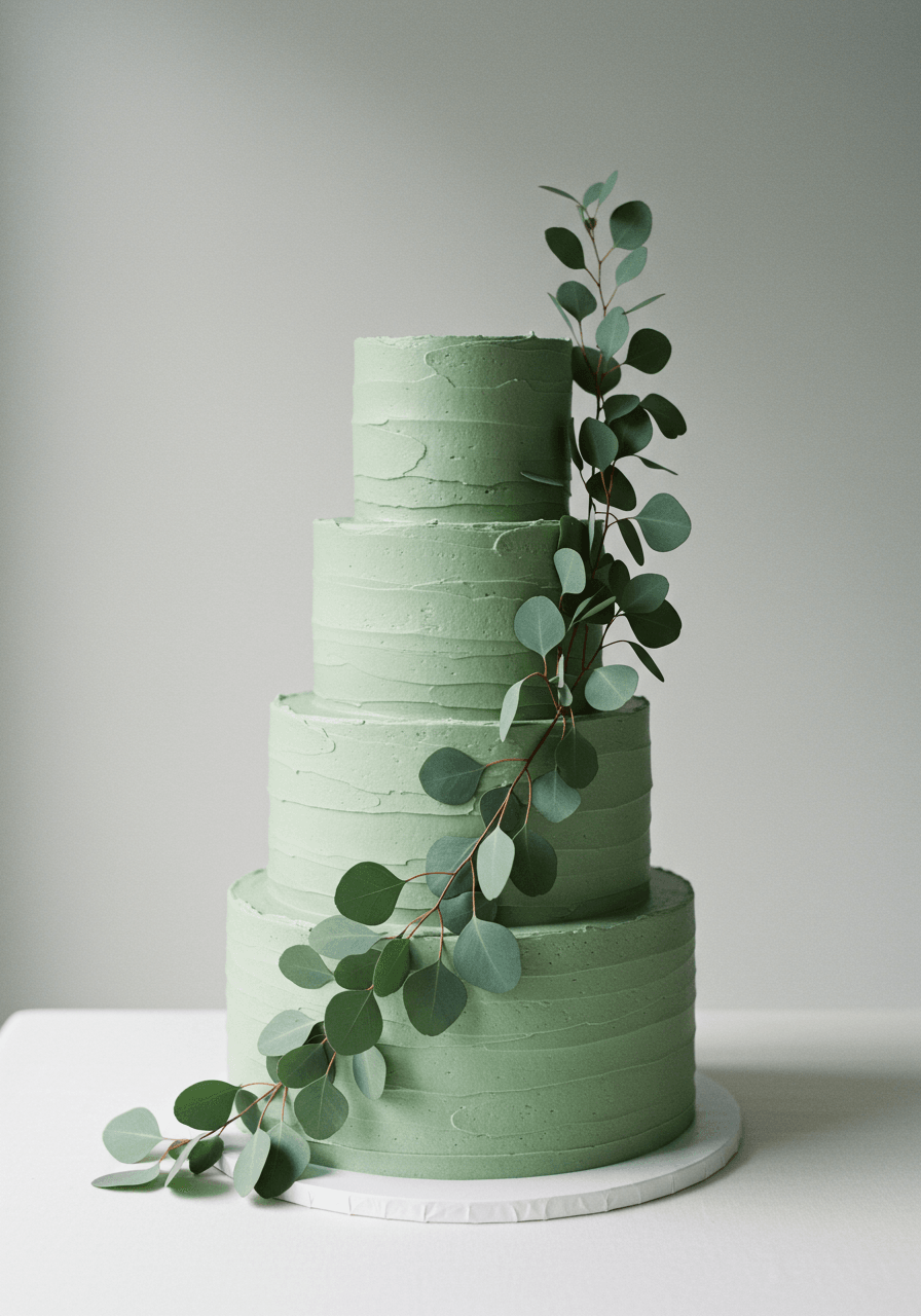 Three-tier sage green wedding cake adorned with cascading eucalyptus branches and delicate white blooms
