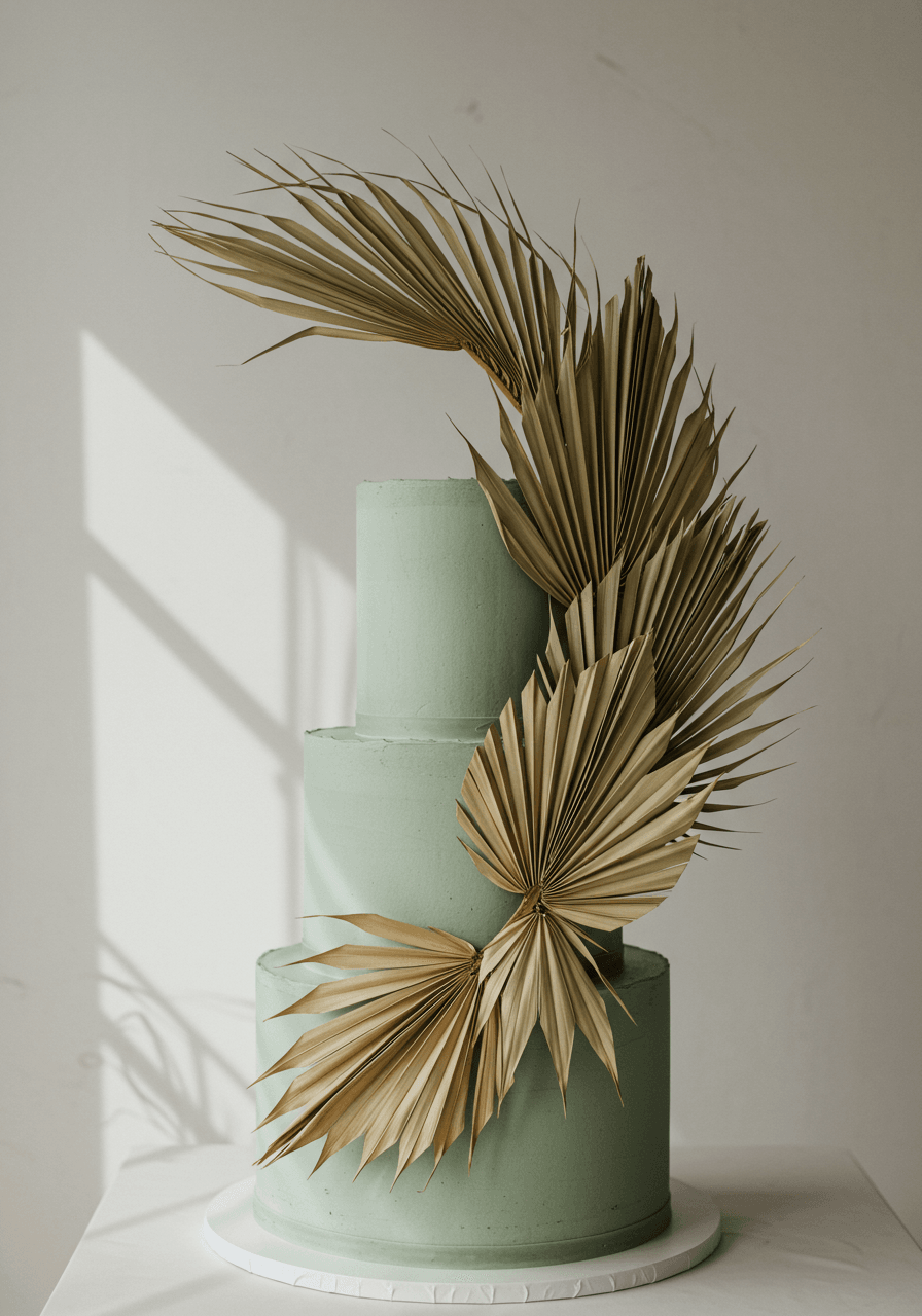 Sage green wedding cake with dramatic asymmetrical arrangement of dried palm fronds