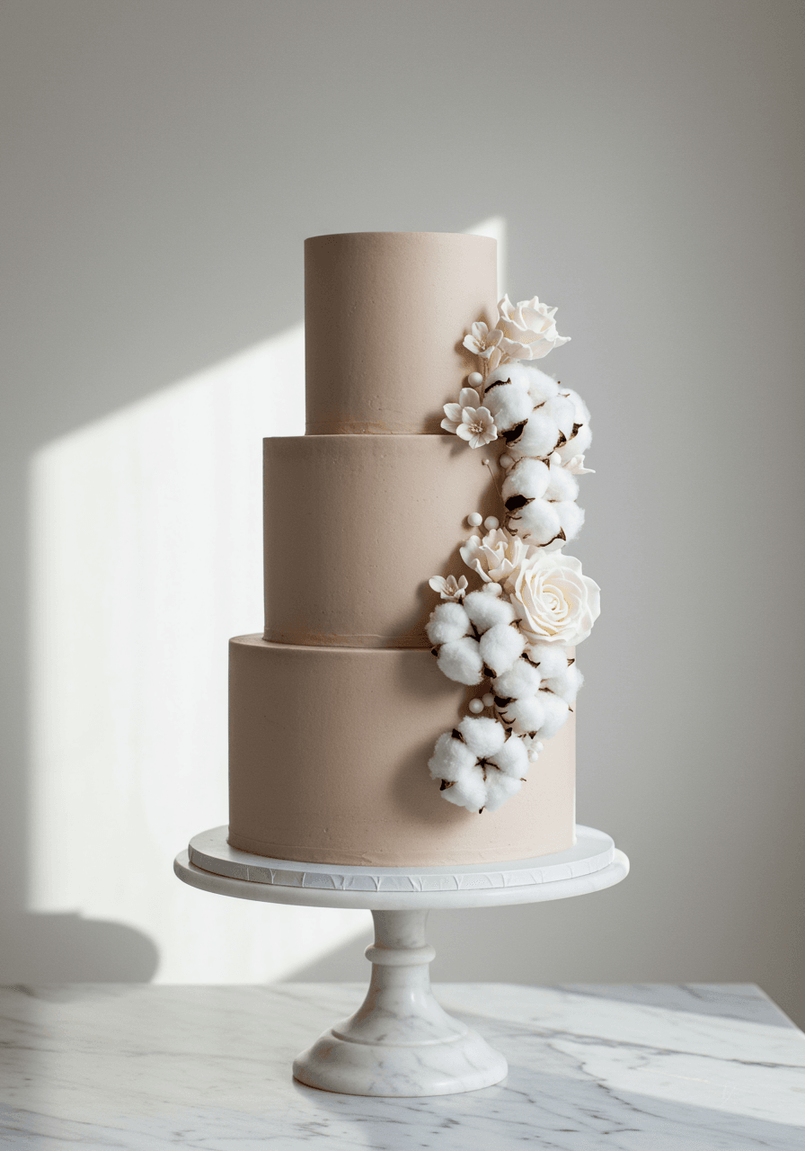 Elegant taupe-colored wedding cake adorned with realistic white cotton flower blooms