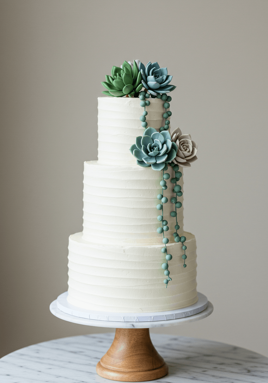 Modern white wedding cake topped with an arrangement of various succulent plants
