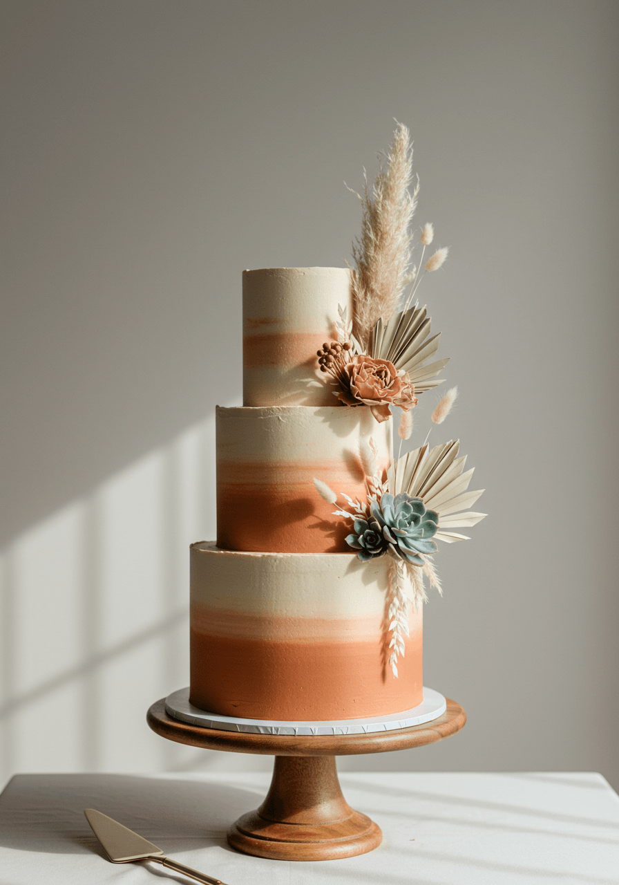 Terraced desert-themed wedding cake with pampas grass and succulent arrangements