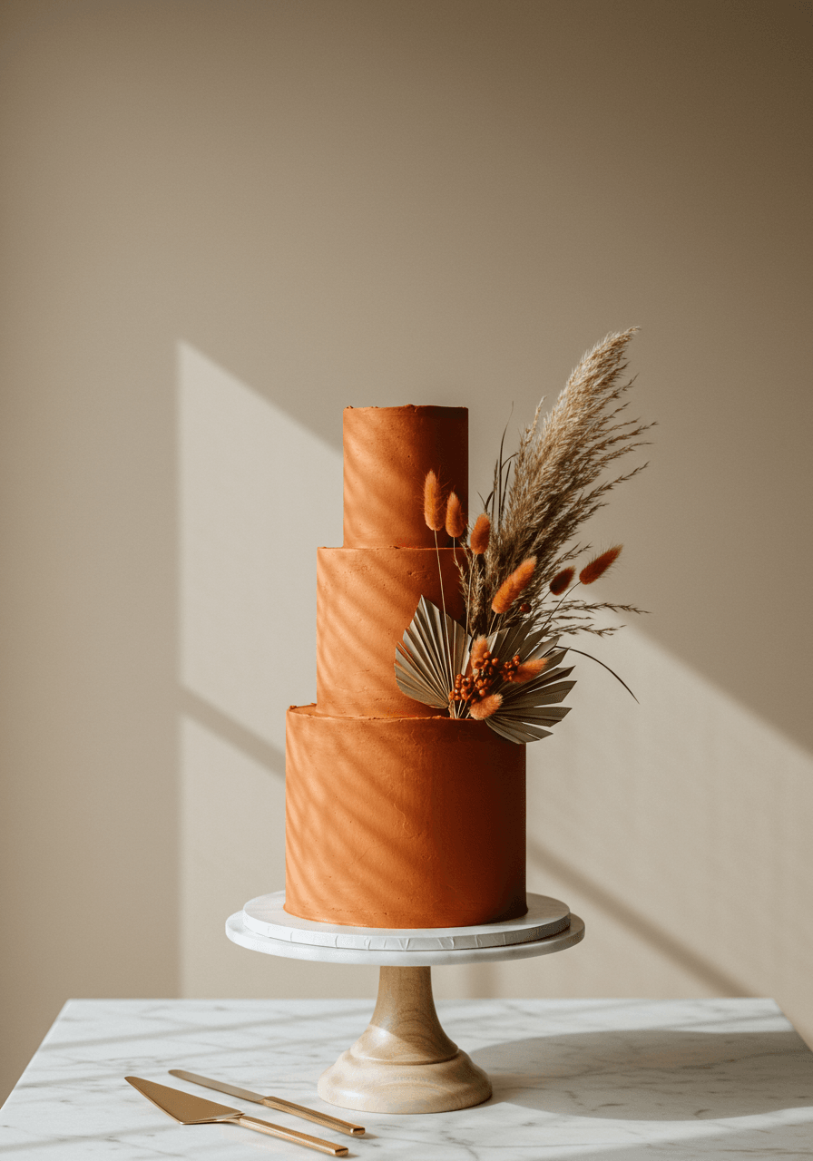 Warm terracotta-colored wedding cake featuring fluffy pampas grass plumes and desert-inspired textures
