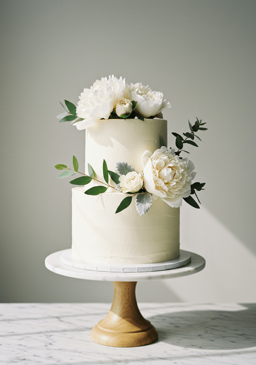 White wedding cake decorated with large peony blooms and silver dollar eucalyptus leaves