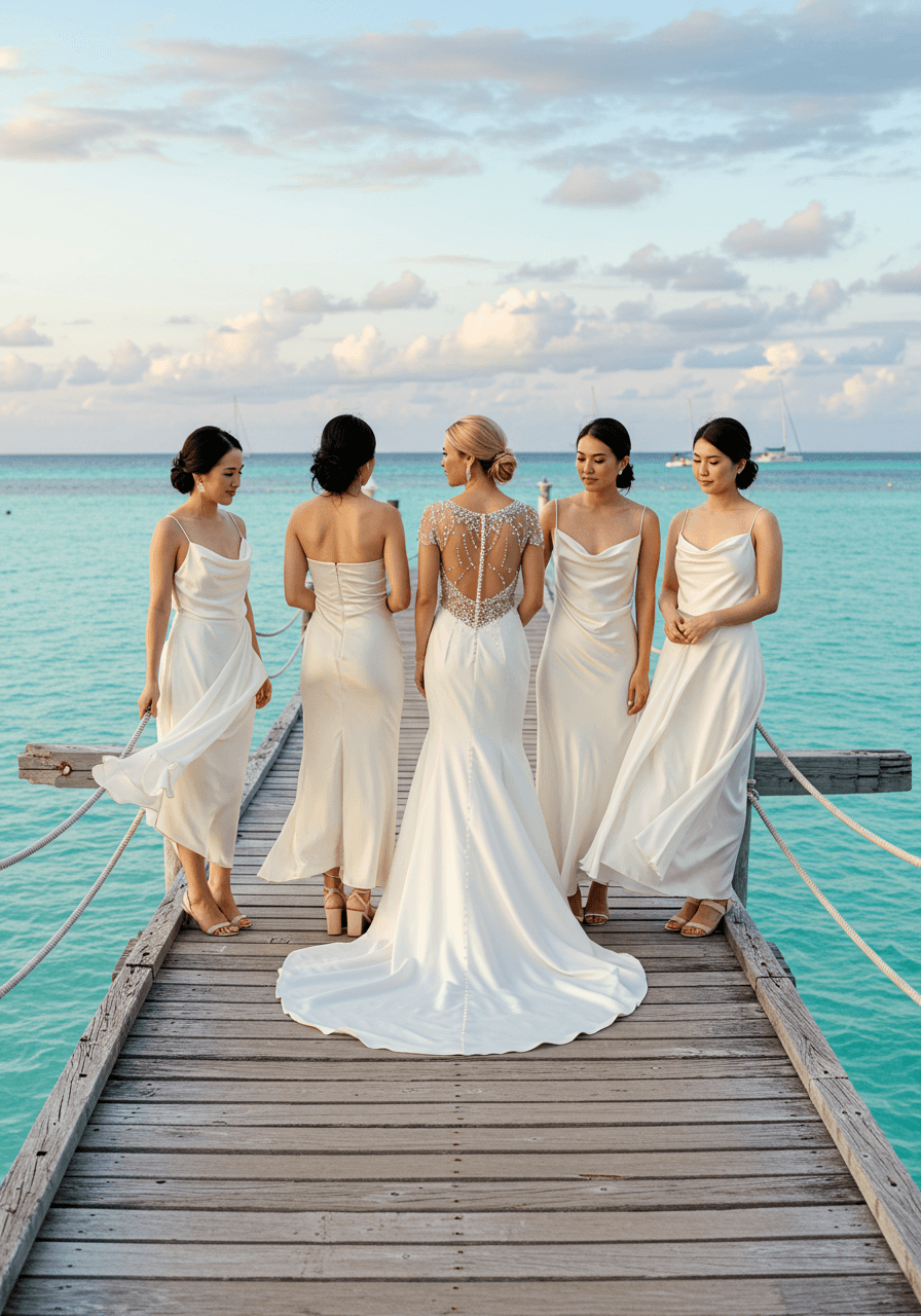 Bride in silk cathedral gown with bridesmaids on weathered wooden pier over turquoise water