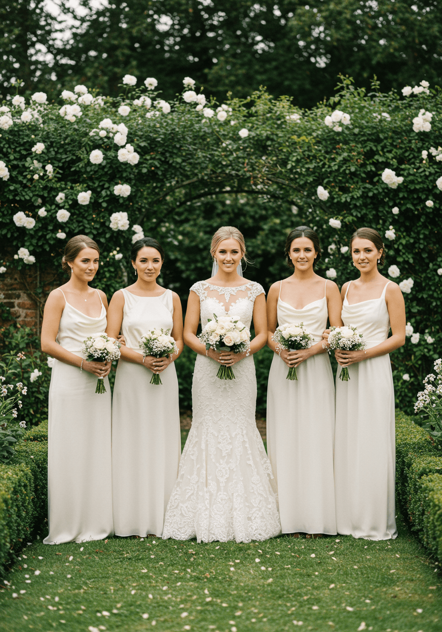 Bride in intricate ivory lace gown standing with four bridesmaids in coordinated white and cream dresses in English garden