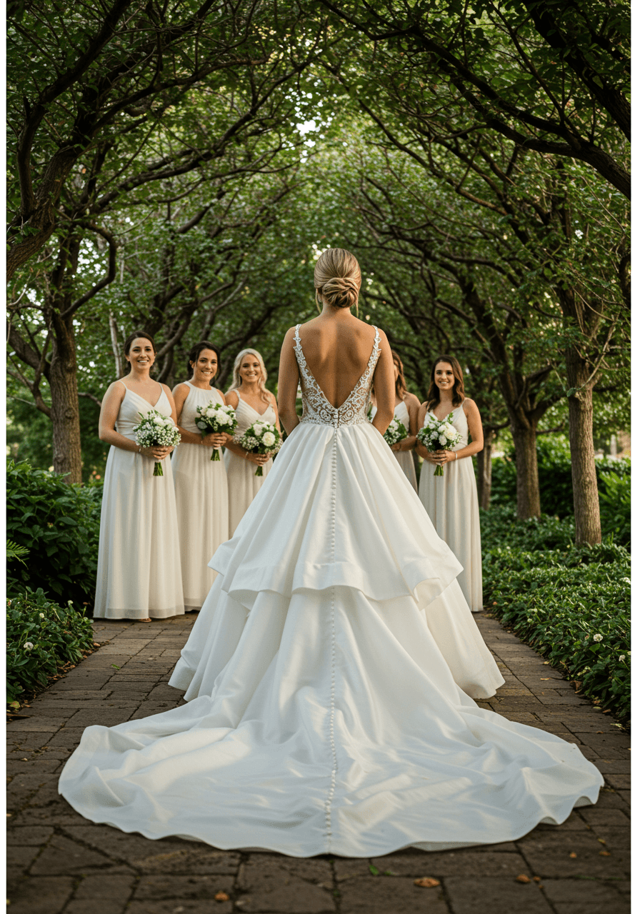 Bride pausing on garden pathway with cathedral train during golden hour procession