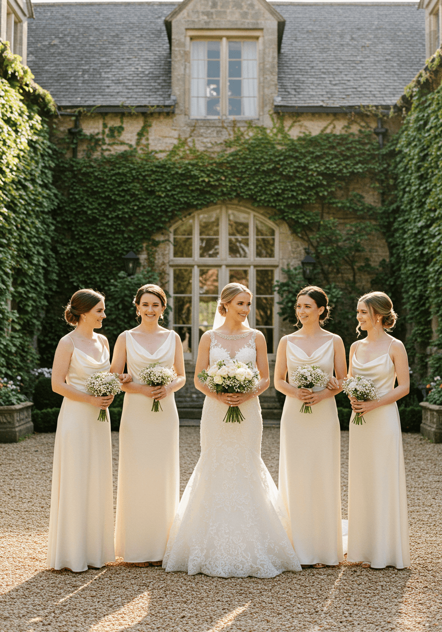 Bride in beaded ivory gown with bridesmaids in historic manor courtyard during golden hour