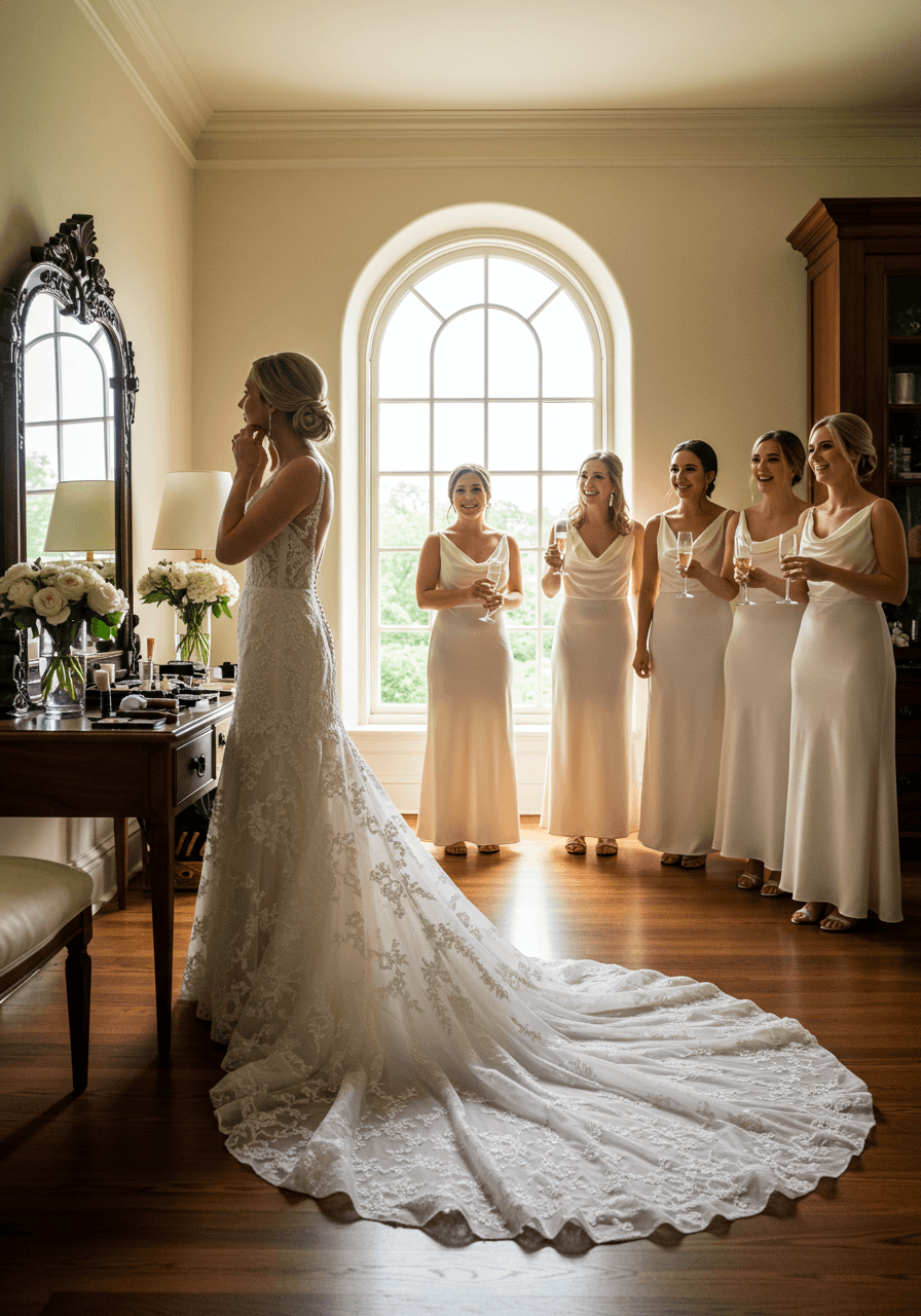 Bride getting makeup applied surrounded by bridesmaids in elegant manor dressing room