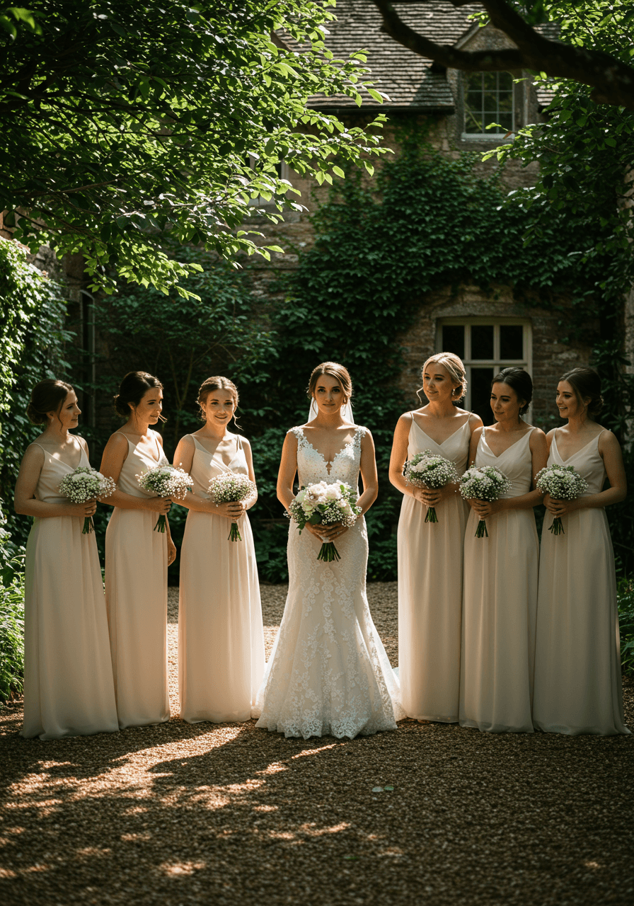Bride and bridesmaids in white dresses with dramatic dappled sunlight shadows in garden