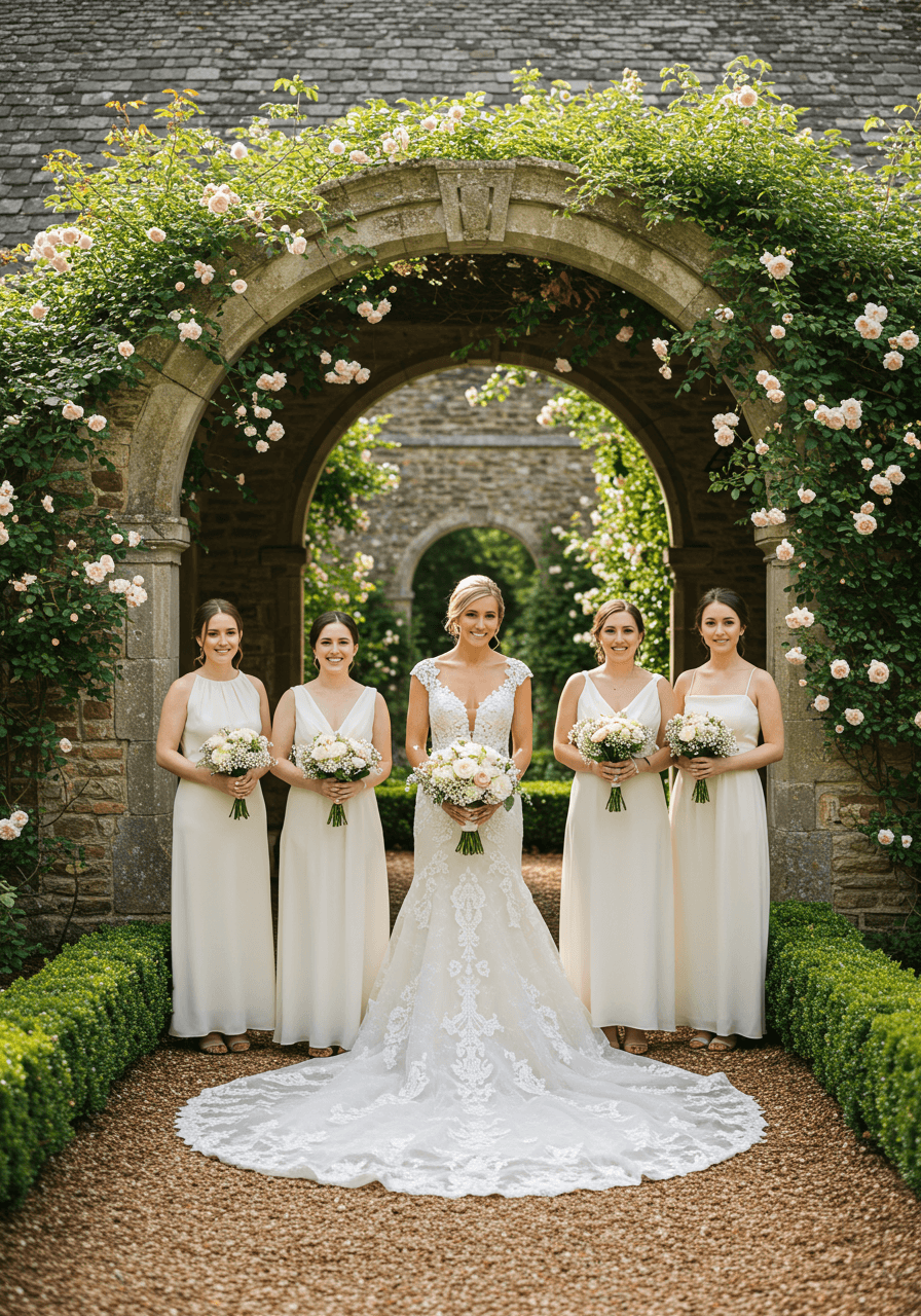 Bride in lace cathedral train gown with bridesmaids in coordinated ivory and cream in manor garden