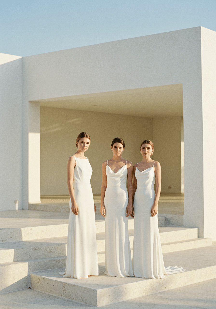 Three bridesmaids in white column dresses on modern stone staircase at golden hour