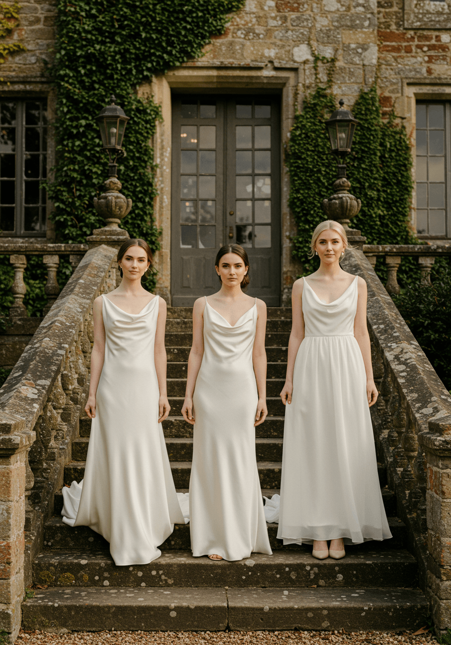 Three bridesmaids in white and cream dresses on stone manor steps during golden hour
