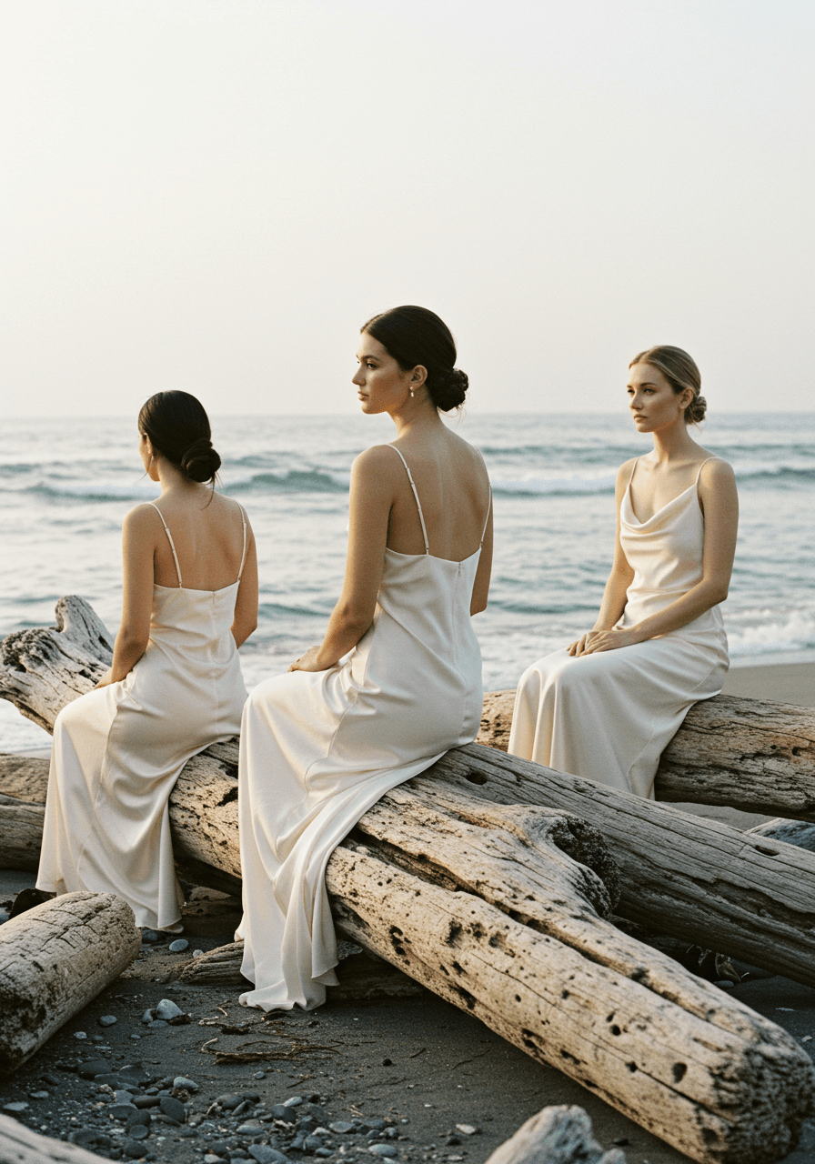 Three bridesmaids in satin slip dresses sitting on driftwood along shoreline in morning light