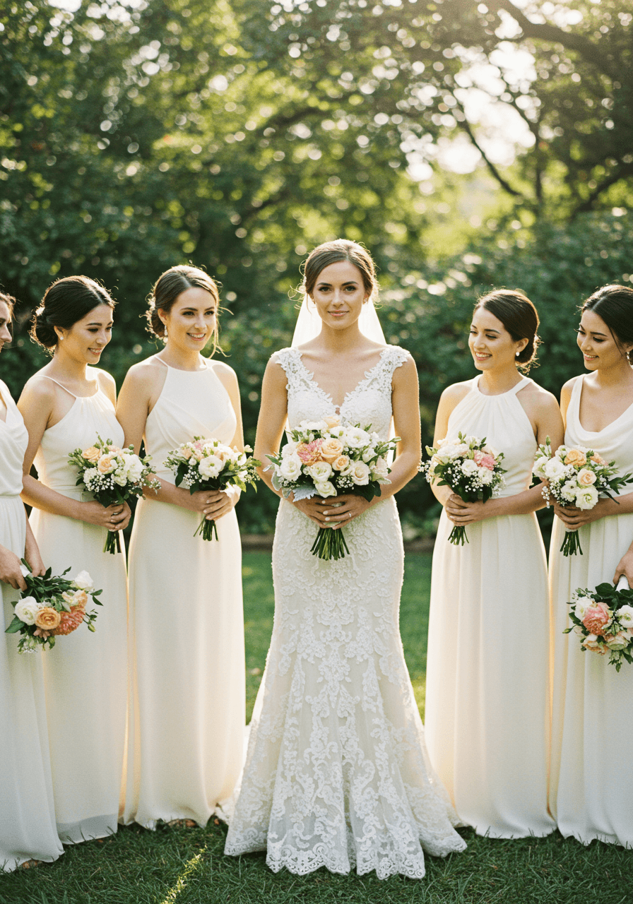 Close-up of bride in intricate lace gown with bridesmaids in soft garden lighting