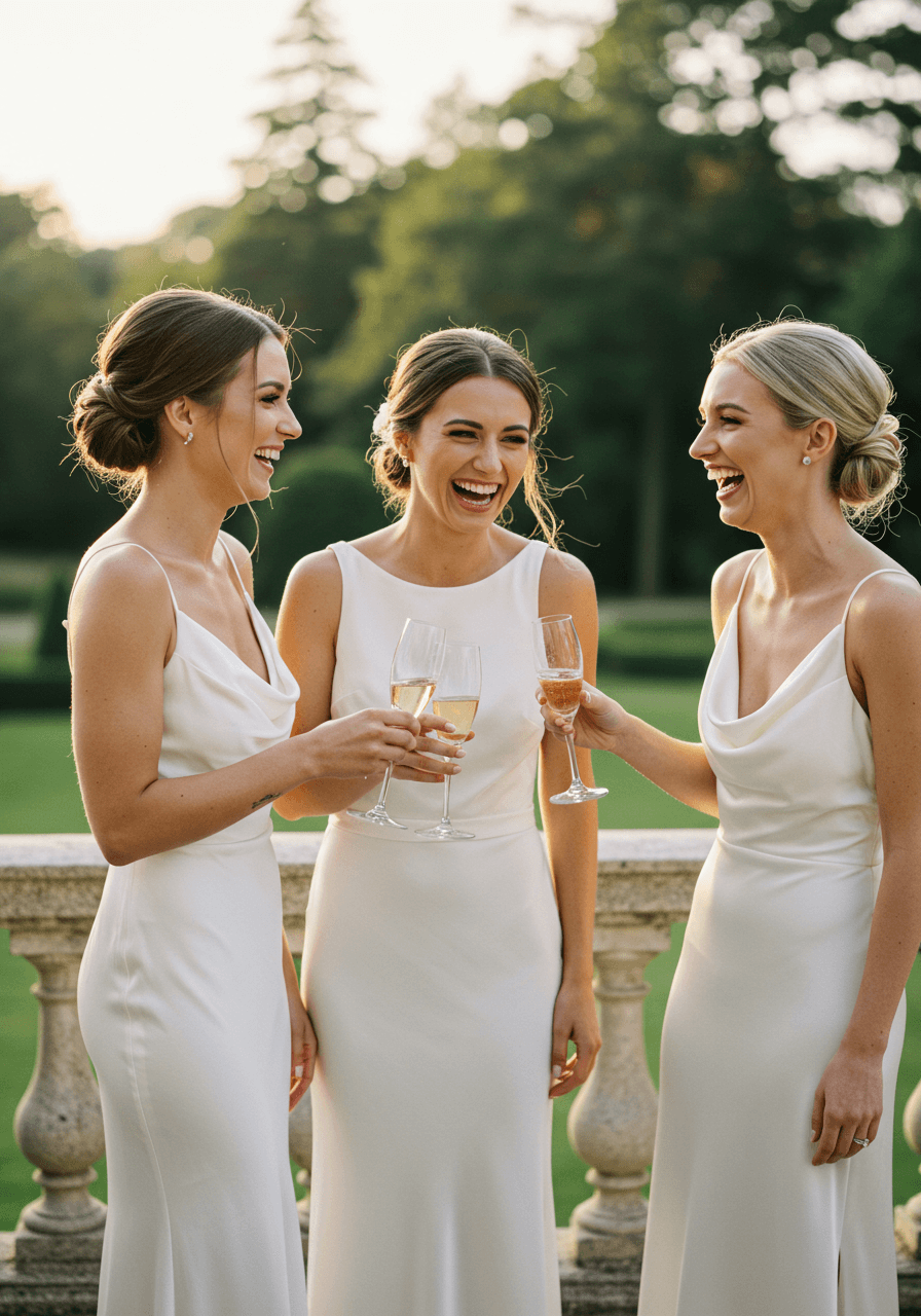 Three bridesmaids clinking champagne glasses on marble terrace overlooking gardens