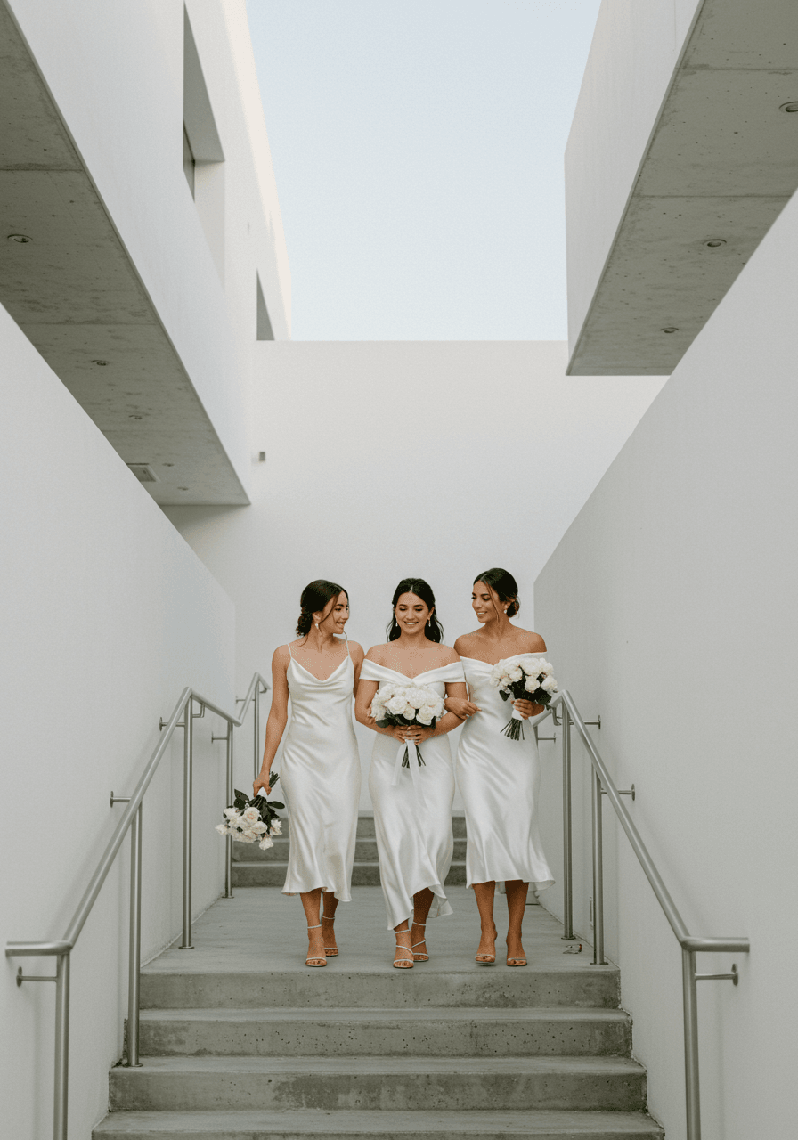 Three bridesmaids in ivory and white dresses walking down modern concrete staircase