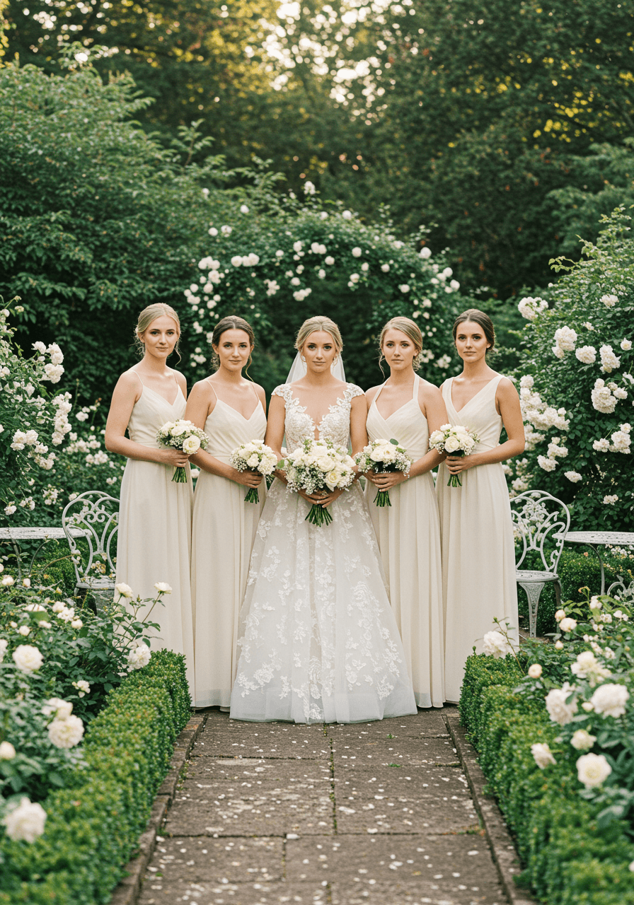 Bride in lace ball gown with bridesmaids in ivory chiffon surrounded by white roses and peonies
