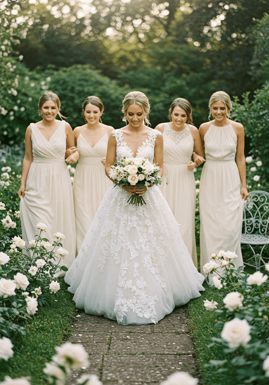 Bridal party walking together through English garden with white florals
