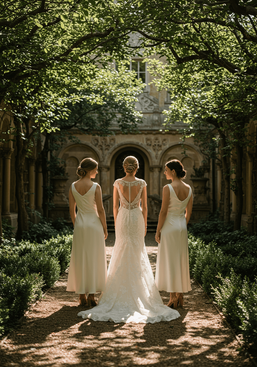 Bride with two bridesmaids in white and cream dresses in dappled sunlight estate courtyard