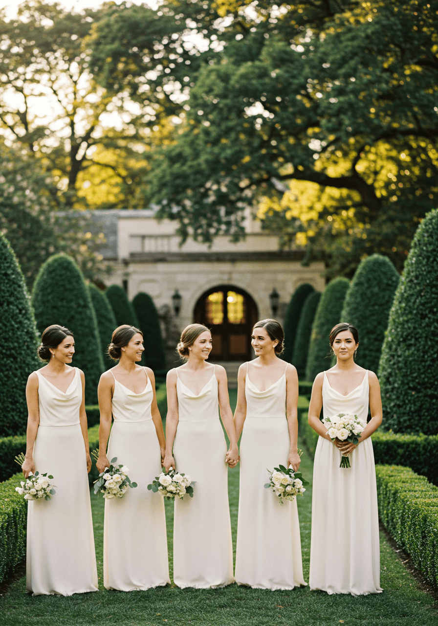 Four bridesmaids in cream and ivory dresses in curved formation in estate gardens