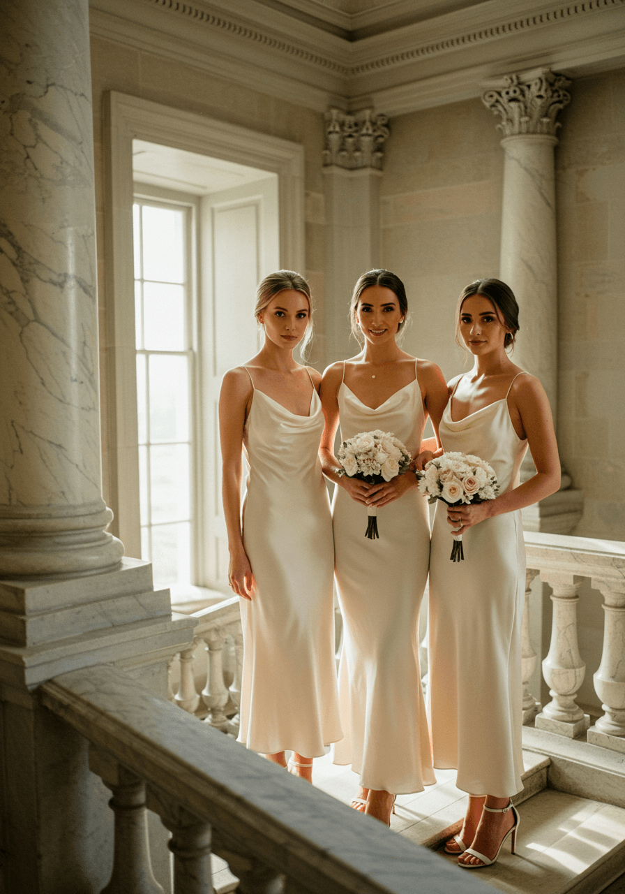 Three bridesmaids in ivory and cream satin slip dresses on grand marble staircase